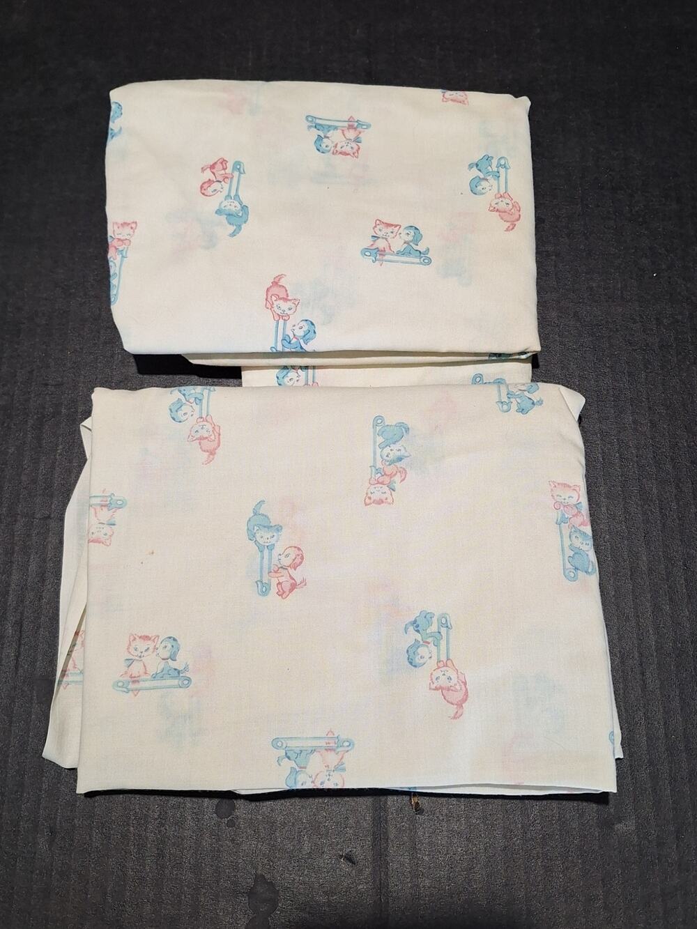 Vintage 1950s Fitted Crib Sheets Pair 28x59 Pink Blue Cat Dog Nursery Print